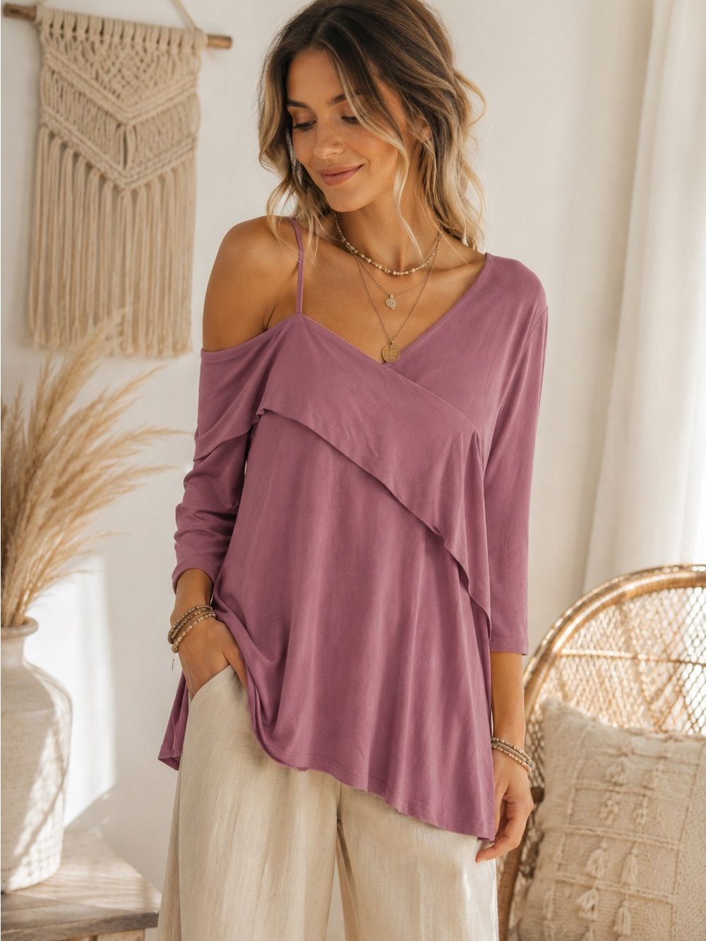 Anthropologie entro Dusty Rose Off-Shoulder Layered V-Neck Tunic Boho Aesthetic